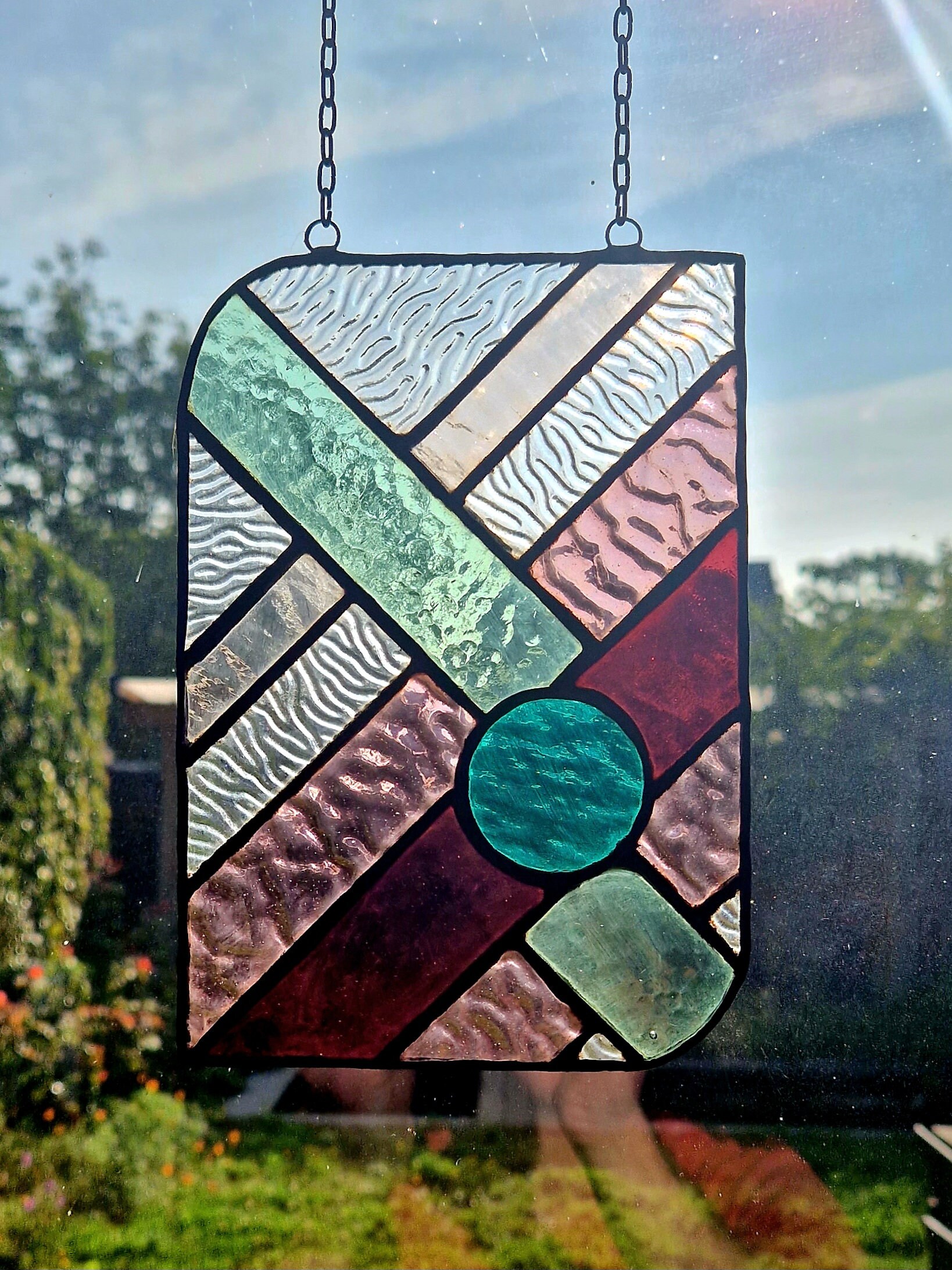 Modern Stained Glass Suncatcher in Green and Pink, Leaded Tiffany