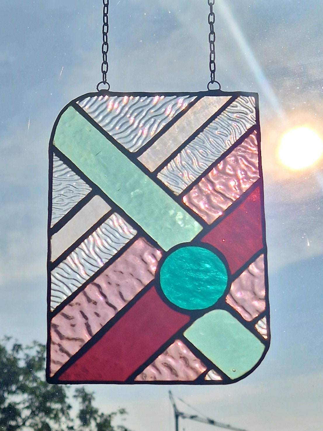 Modern Stained Glass Suncatcher in Green and Pink, Leaded Tiffany