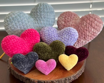 Crochet Heart Plushie - Handmade Crochet Heart Amigurumi / Crochet Heart Stuffed Toy / Chenille Stuffed Heart XS - Large in Various Colors