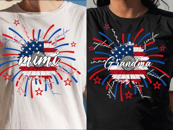 Custom 4th of July Grandma T Shirt, Mimi Shirt with Kids names shirt, Patriotic 4th of July Firecrackers Tee Shirt for Independence Day