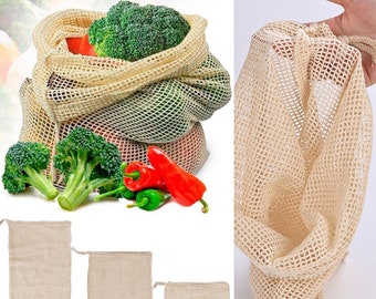 Ensemble de 3 sacs de rangement en filet, sac de rangement écologique, sacs de rangement en filet de légumes, accessoires de cuisine sans plastique