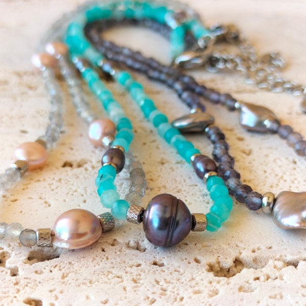 Collane di pietre e perle naturali | collana di perline di Labradorite, Amazzonite e Iolite