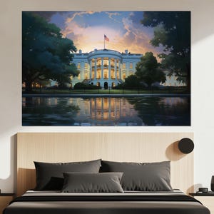 White House Canvas Print – Patriotic Architecture Wall Art – Washington DC Poster – Classic Landmark Decor – White House Painting