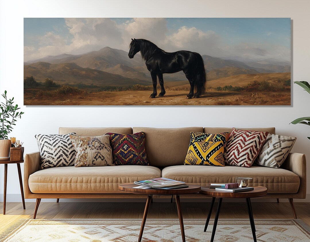 Black Horse Panoramic Canvas Print – Elegant Equine Wall Art – Western ...
