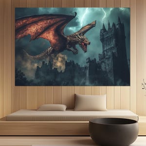 Dragon and Castle Canvas Print – Majestic Dragon Wall Art – Fantasy Creature Poster – Medieval Castle Wall Decor – Epic Dragon Painting