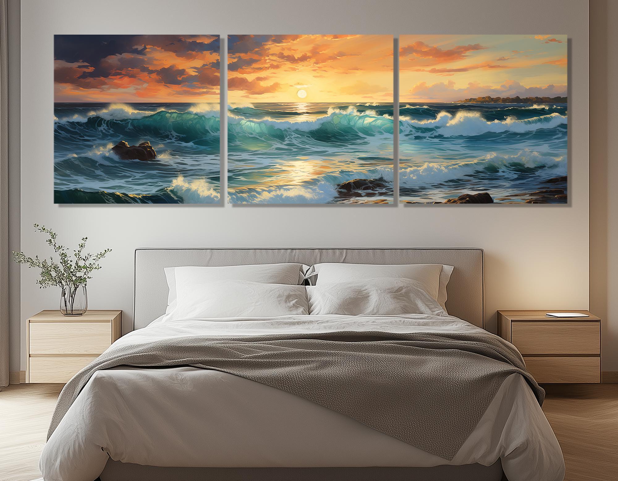 Ocean Sunset Canvas Print – Seascape Wall Art – Coastal Waves Painting ...