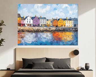 Impresión en lienzo del paisaje urbano de Galway, arte mural de Galway, imagen de Irlanda, pintura de Irlanda, paisaje de Galway, póster de Galway, vista de la ciudad de Galway
