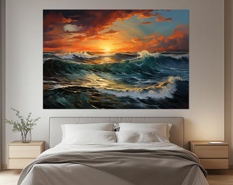 Impressão em tela de pôr do sol no oceano – Arte de parede com paisagem marinha – Pintura de ondas do oceano – Pôster dramático do mar – Decoração de quarto com pôr do sol sobre o oceano – Arte do oceano