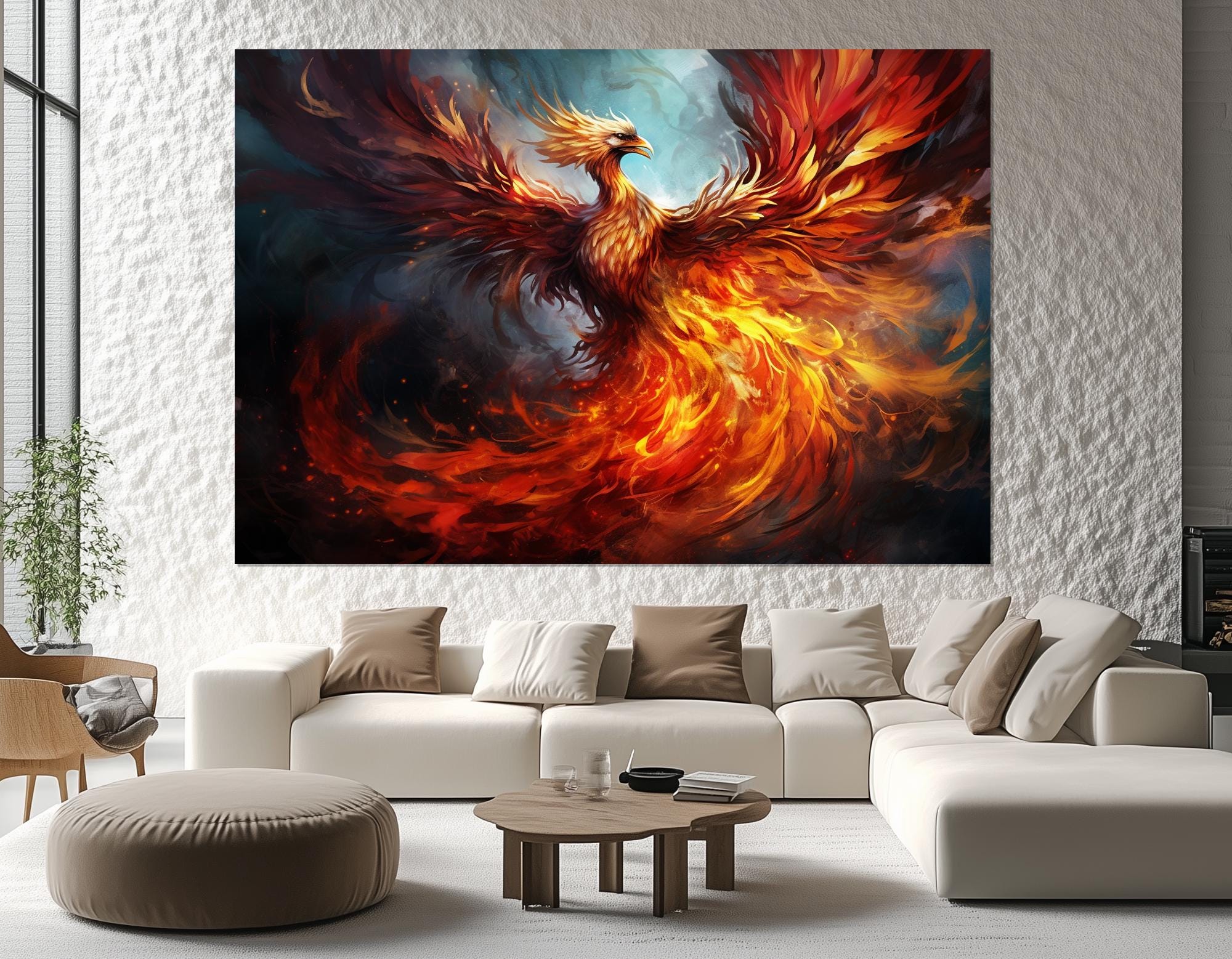 Fiery Phoenix Rising Canvas Print - Mythical Bird Wall Art - Fiery