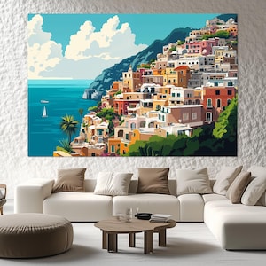 Positano Italy Canvas Print – Colorful Coastal Wall Art – Mediterranean Village Painting – Amalfi Coast Poster for Travel Lovers
