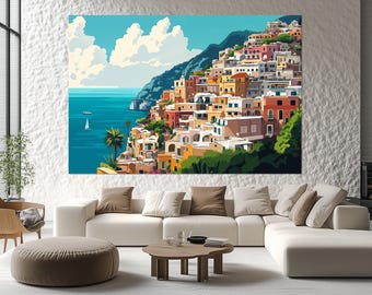 Positano Italy Canvas Print – Colorful Coastal Wall Art – Mediterranean Village Painting – Amalfi Coast Poster for Travel Lovers