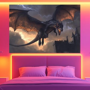 Epic Black Dragon Wall Art – Fantasy Dragon Canvas Print – Dark Gothic Wall Decor – Medieval Castle Wall Decor – Epic Dragon Painting