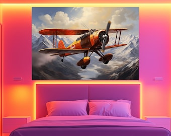 Impresión en lienzo de avión vintage - Póster retro de biplano - Arte mural de avión - Pintura clásica de aviación - Regalo para pilotos o entusiastas de los viajes
