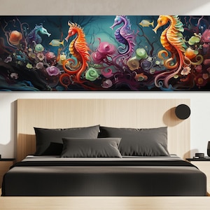 Seahorse Canvas Print – Vibrant Ocean Life Wall Art – Underwater Fantasy Painting – Colorful Seahorse Poster – Seahorse Artwork