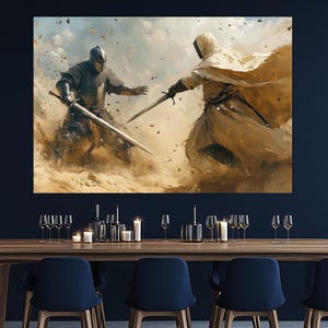 Crusader Desert Duel Canvas Print – Knight vs Assassin Wall Art – Medieval Sword Fight Poster – Warrior Painting for History Fans