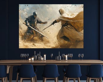 Crusader Desert Duel Canvas Print – Knight vs Assassin Wall Art – Medieval Sword Fight Poster – Warrior Painting for History Fans