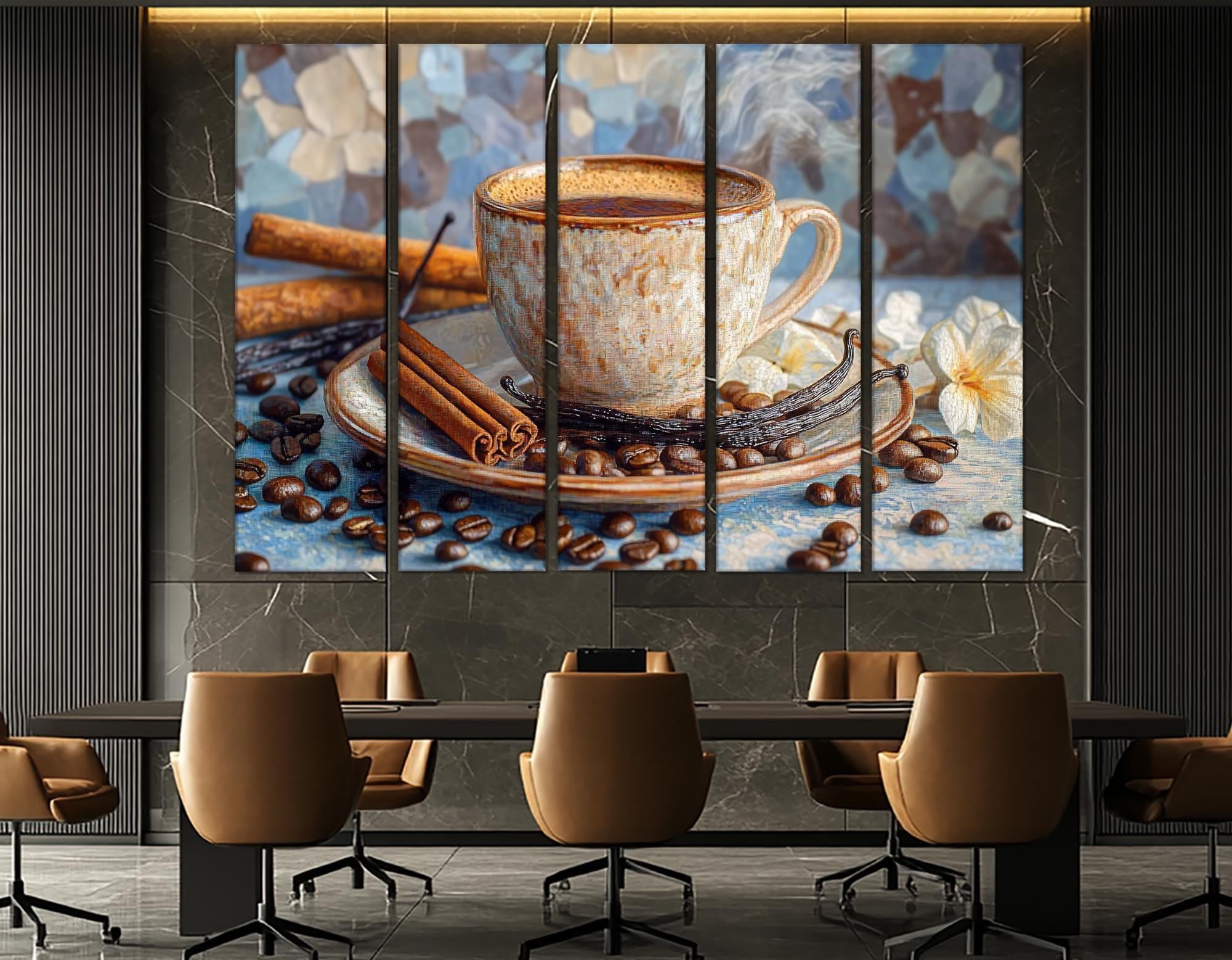 レトロ【美品】壁掛けジオラマ コーヒーショップ ショップインテリア コーヒーの静物画 – シナモンとバニラの入った温かいコーヒーカップ