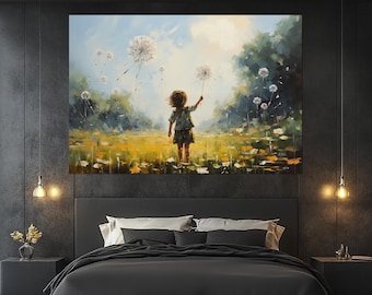 Dandelion Field Canvas Print – Child with Dandelion Wall Art – Whimsical Nature Painting – Summer Meadow Poster – Dreamy Room Decor