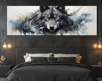 Impressão em tela de aquarela de lobo preto, pintura de lobo preto, arte de parede de natureza selvagem, pôster de lobo preto, imagem de lobo preto, decoração de quarto moderna