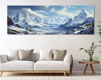May include: A panoramic canvas print depicting a snow-covered mountain range under a blue sky with fluffy white clouds. The artwork showcases towering peaks, valleys, and a sense of vastness, suitable for home decor.