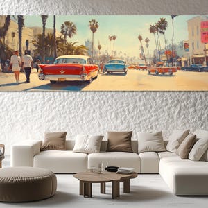 Vintage California Canvas Print – Retro Los Angeles Wall Art – Vintage Los Angeles Poster – 1960s Urban Scene Painting – Classic Car Picture