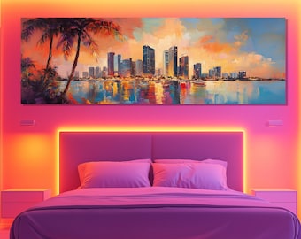 Canvasafdruk skyline van Miami – Muurkunst tropische zonsondergang – Poster Miami stad – Muurdecoratie skyline Miami kust – Levendig schilderij van Miami