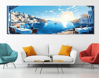 Greek Restaurant Canvas Print – Mediterranean Seaside Wall Art – Greek Island Dining Painting – Coastal Europe Decor – Santorini Travel Gift