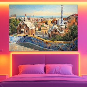 Barcelona Park Guell Canvas Print – Gaudi Mosaic Wall Art – Colorful Barcelona Poster – Spanish Architecture Decor – Barcelona Art Painting