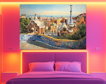 Barcelona Park Guell Canvas Print – Gaudi Mosaic Wall Art – Colorful Barcelona Poster – Spanish Architecture Decor – Barcelona Art Painting
