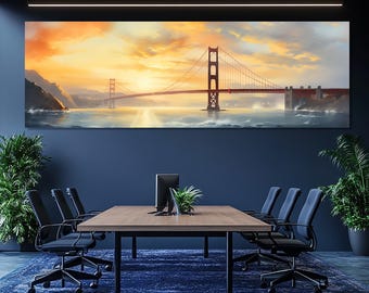 Foggy Golden Gate Bridge Canvas Print – San Francisco Wall Art – Sunset Over Bay Painting – Golden Gate Bridge Poster – West Coast Decor