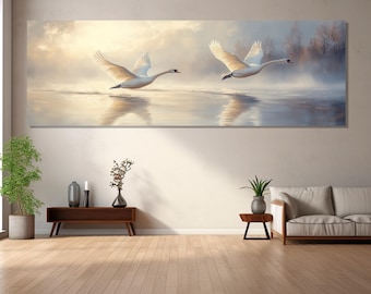 Flying Swans Canvas Print, Canvas Wall Art, Swans Painting, Modern Room Decor, Swans Picture, Canvas Print Ready to Hang, Swans Painting.