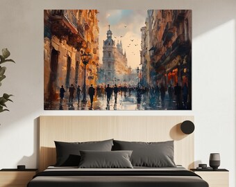 Barcelona Streets Canvas Print – Romantic Cityscape Wall Art – Barcelona Streets Poster – Spanish Wall Decor – Elegant Barcelona Painting