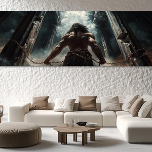 Samson Breaking Chains Canvas Print – Biblical Warrior Wall Art – Samson Destroying Pillars Painting – Samson Poster – Christian Room Decor
