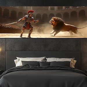 Roman Gladiator vs. Lion Canvas Print – Colosseum Arena Battle Scene – Ancient Hero Wall Art – Gladiator Painting – Bold Historical Decor