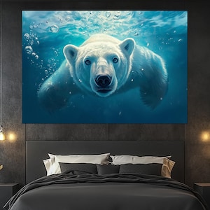 Swimming Polar Bear Canvas Print – Arctic Wildlife Wall Art – Underwater Bear Painting – Polar Bear Poster – Wild Nature Room Decor
