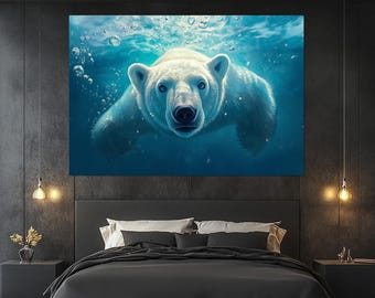 Swimming Polar Bear Canvas Print – Arctic Wildlife Wall Art – Underwater Bear Painting – Polar Bear Poster – Wild Nature Room Decor
