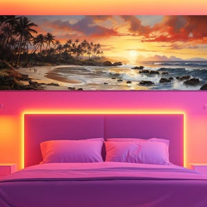 Tropical Sunset Beach Canvas Print – Palm Tree Coastline Wall Art – Sunset Ocean Poster – Vibrant Coastal Painting – Tropical Room Decor