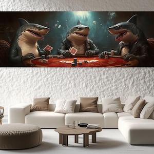 Poker Sharks Canvas Print – Funny Casino Wall Art – Poker Game Poster – Poker Sharks Wall Decor – Gambling Humor Painting
