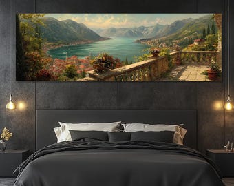 Lake Como Canvas Print – Romantic Terrace View Wall Art – Italian Nature Painting – European Landscape Decor – Lake Como Poster