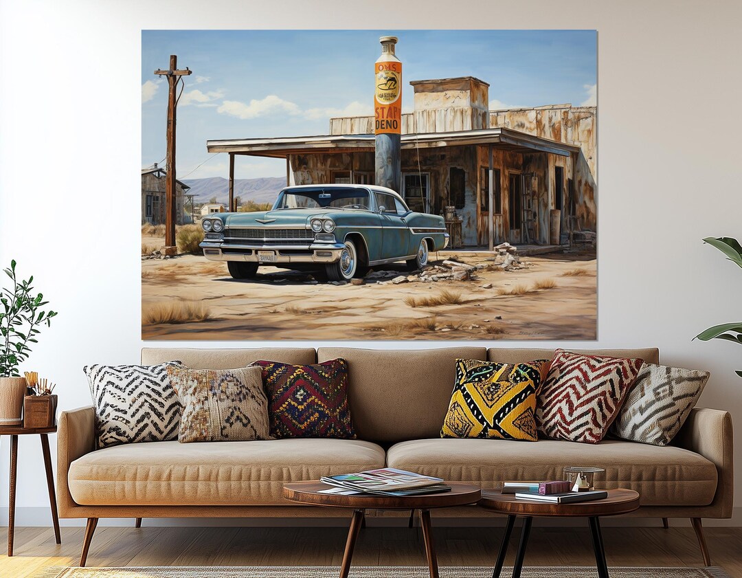 Vintage Gas Station Canvas Print – Route 66 Wall Art – Classic Car ...