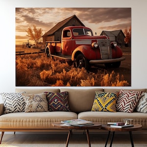 Impressão em tela Sunset Farm - Pôster vintage vermelho - Arte de parede rústica - Pintura clássica de paisagem de celeiro - Presente para amantes de fazenda