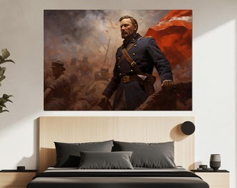 Pode incluir: Uma grande impressão em tela retratando uma cena de batalha histórica. Um homem em uniforme azul escuro se destaca, segurando uma bandeira vermelha. Outros soldados estão ao fundo, com um céu nublado e uma sensação de conflito.