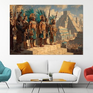 May include: A large canvas print depicting a historical scene. The artwork showcases a group of figures in traditional attire, standing on a stone structure. In the background, a large pyramid and a crowd of people are visible, painted in warm tones.