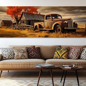 Impressão em tela de caminhão de fazenda enferrujado - pôster de celeiro rural - arte de parede de caminhonete vintage - pintura de paisagem rural - presente para amantes de decoração rústica