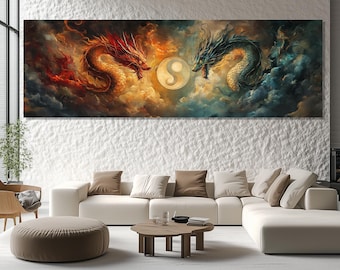 Yin Yang Dragons Canvas Print – Fiery and Icy Dragon Wall Art – Yin Yang Symbol Poster – Mythical Wall Decor – Fantasy Yin Yang Painting