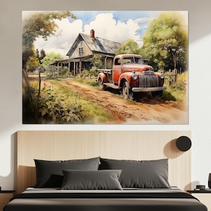 Impressão em tela de caminhão vintage - pôster de casa de fazenda vintage - arte de parede campestre - pintura de caminhonete rústica - presente para amantes de caminhonetes