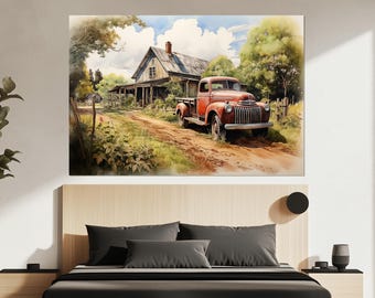 Impresión en lienzo de camión vintage - Póster de granja vintage - Arte mural campestre - Pintura rústica de camioneta - Regalo para amantes de los camiones