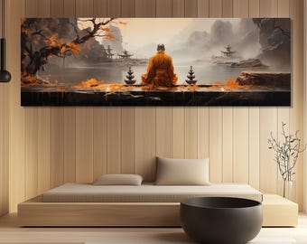 Zen Monk Canvas Print – Tranquil Meditation Wall Art – Asian Temple Landscape Painting – Spiritual Mountain Poster – Meditation Wall Decor