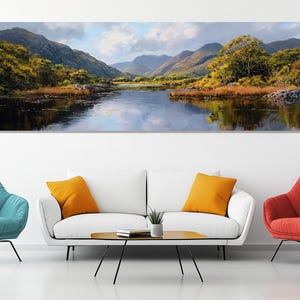 May include: Panoramic landscape painting of a serene lake reflecting the sky and surrounding mountains. The artwork features lush green trees, golden foliage, and a cloudy sky, creating a tranquil scene.