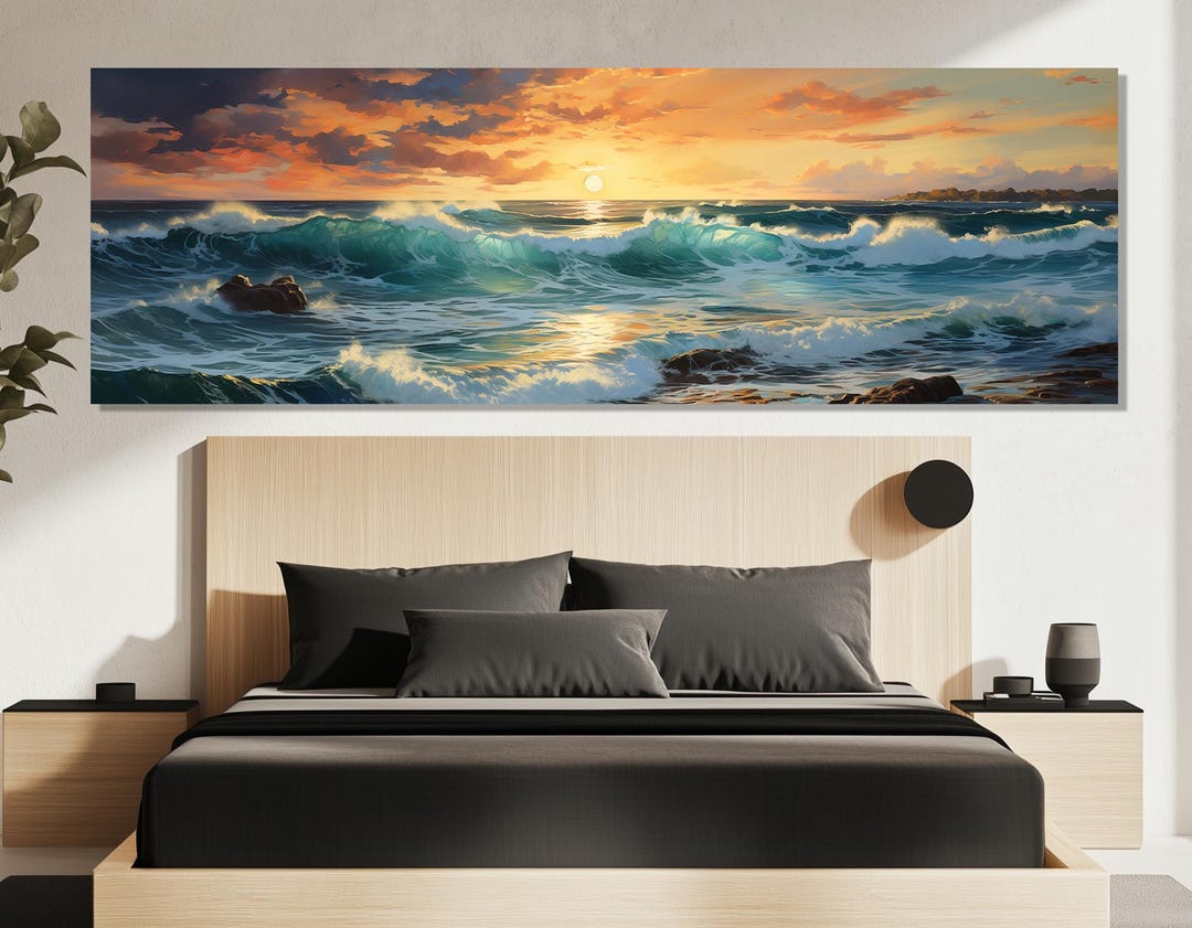 Ocean Sunset Canvas Print – Seascape Wall Art – Coastal Waves Painting ...